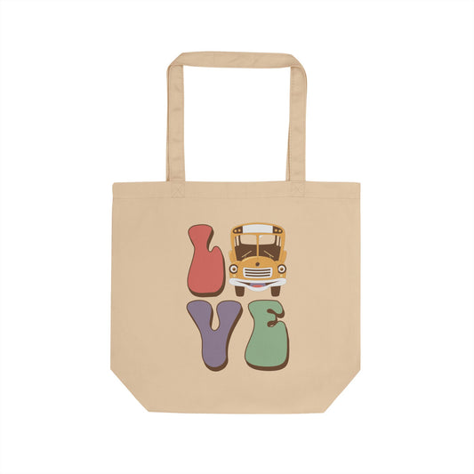 LOVE School Bus Eco Tote — Retro Hippie Colorful Lettering Cotton Tote Bus Driver Gift