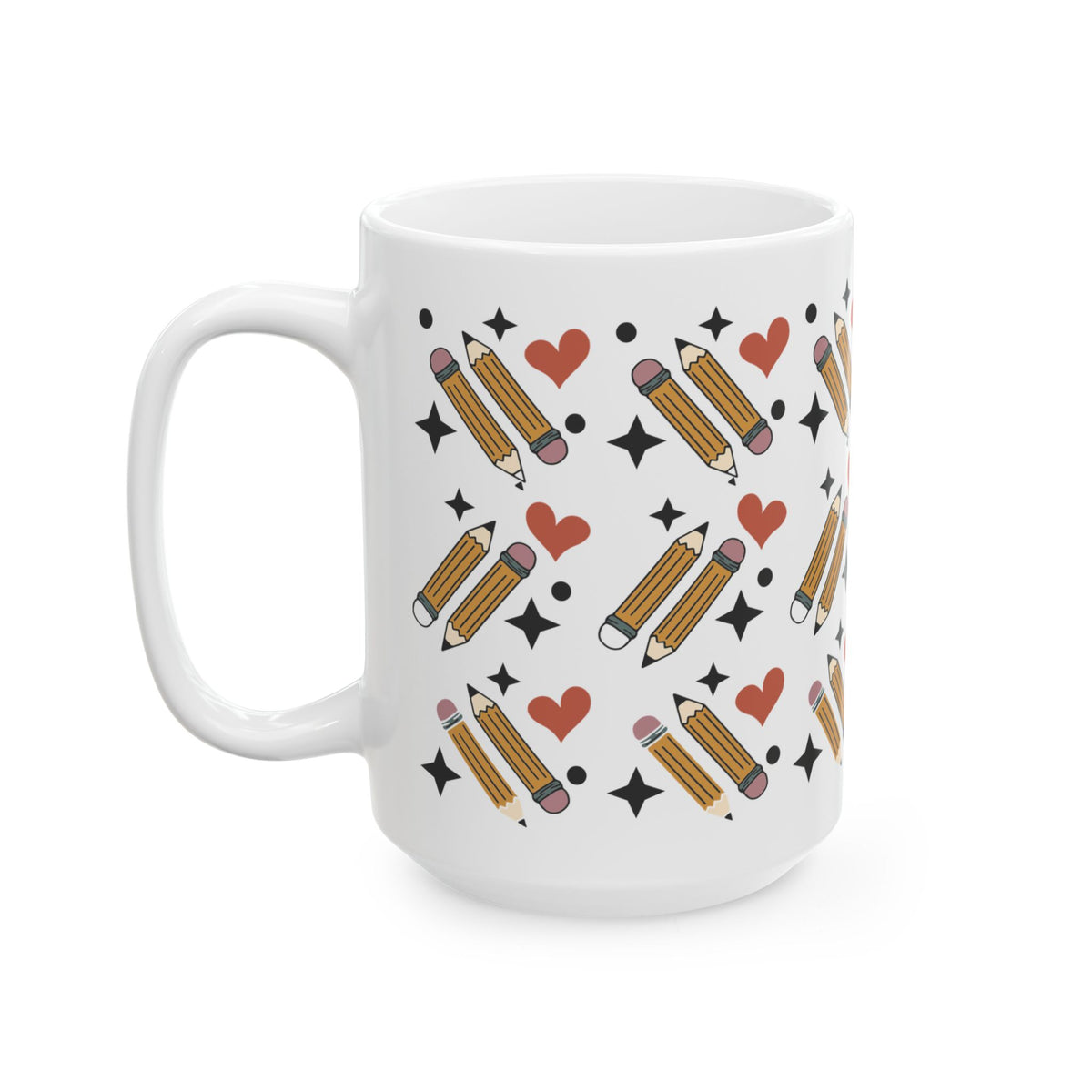 Pencil Pattern Ceramic Mug — Cute Heart & Star Stationery Coffee Cup (11oz/15oz) Teacher Gift