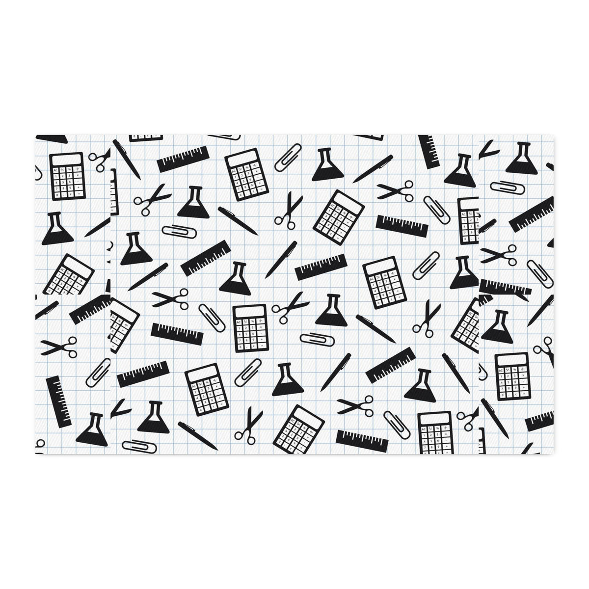 Cotton Twill Fabric by the Yard — Black & White School Supply Print (Calculators, Scissors, Pencils)