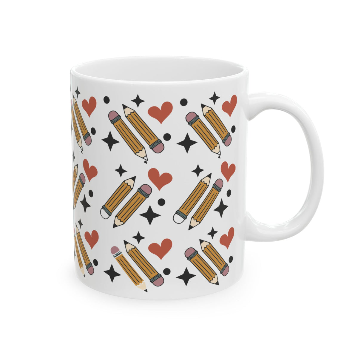 Pencil Pattern Ceramic Mug — Cute Heart & Star Stationery Coffee Cup (11oz/15oz) Teacher Gift