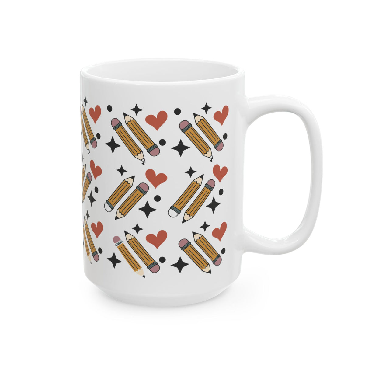 Pencil Pattern Ceramic Mug — Cute Heart & Star Stationery Coffee Cup (11oz/15oz) Teacher Gift