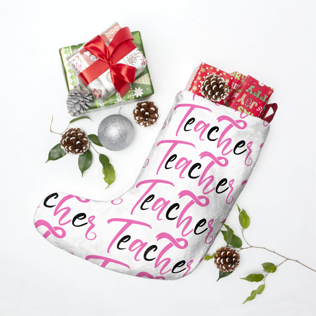 Teacher Christmas Stocking - Pink Script Repeat Holiday Stocking for Teachers