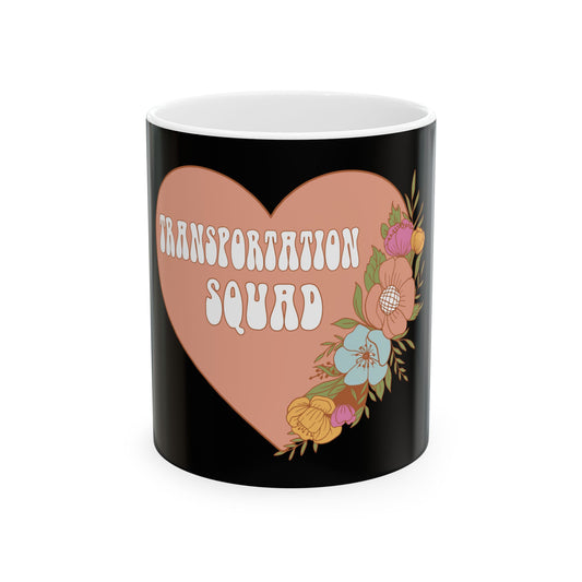 Transportation Squad Ceramic Mug — Retro Floral Heart Design (11oz/15oz) Bus Driver Gift