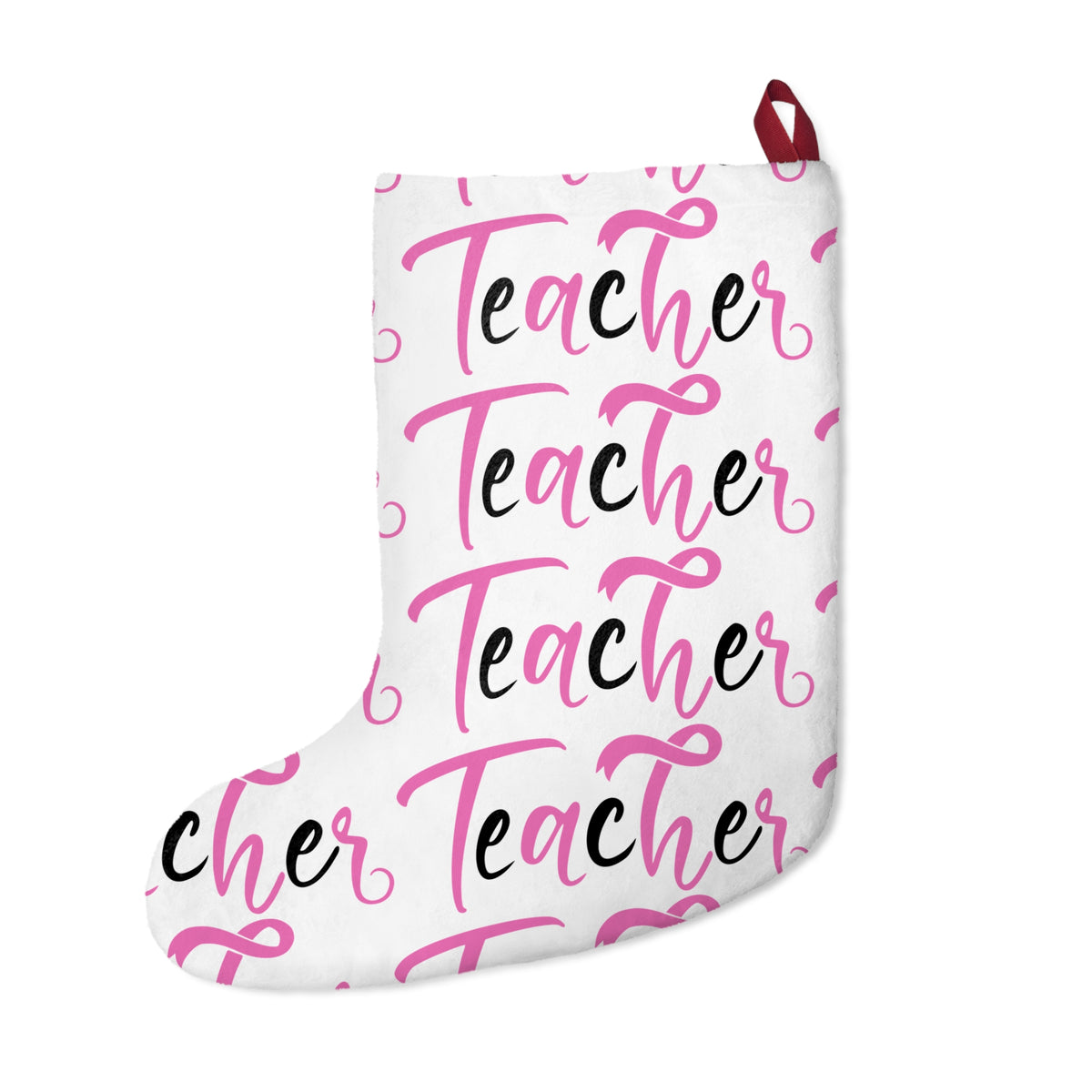Teacher Christmas Stocking - Pink Script Repeat Holiday Stocking for Teachers