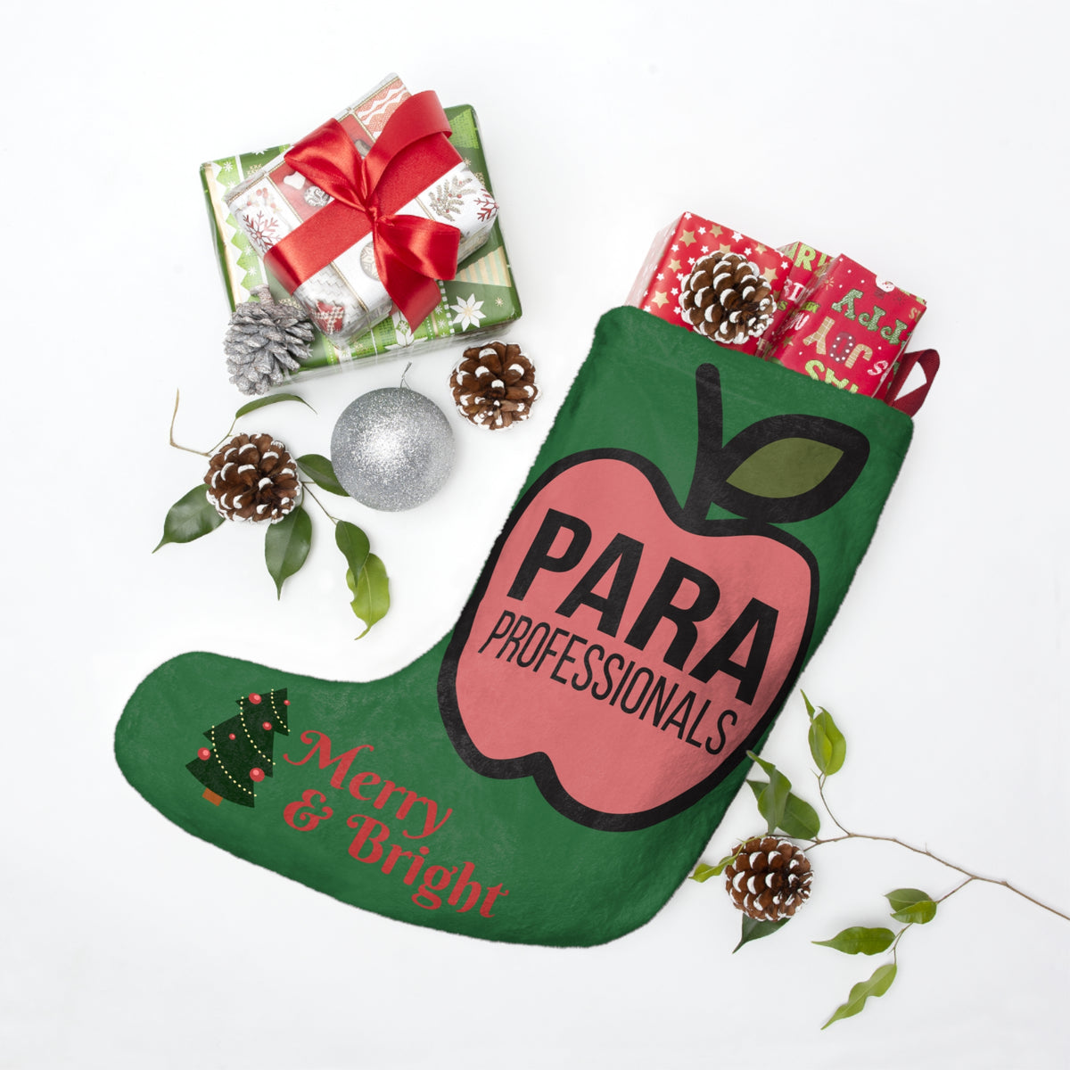 Para Professionals Christmas Stocking – Merry & Bright Apple Design Paraprofessional Gift
