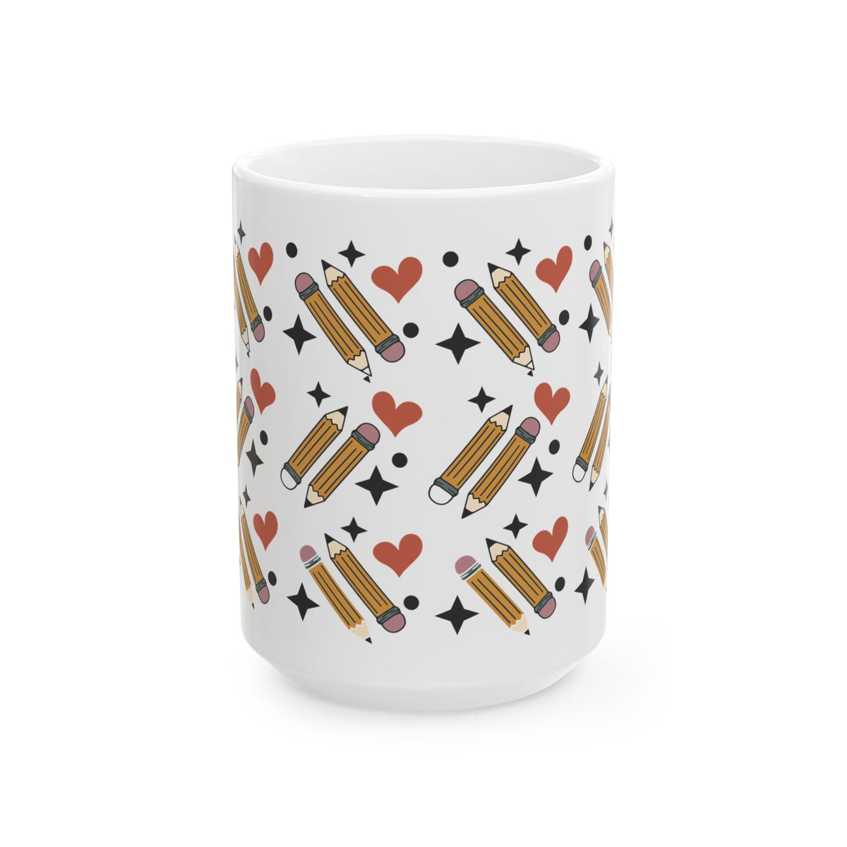 Pencil Pattern Ceramic Mug — Cute Heart & Star Stationery Coffee Cup (11oz/15oz) Teacher Gift