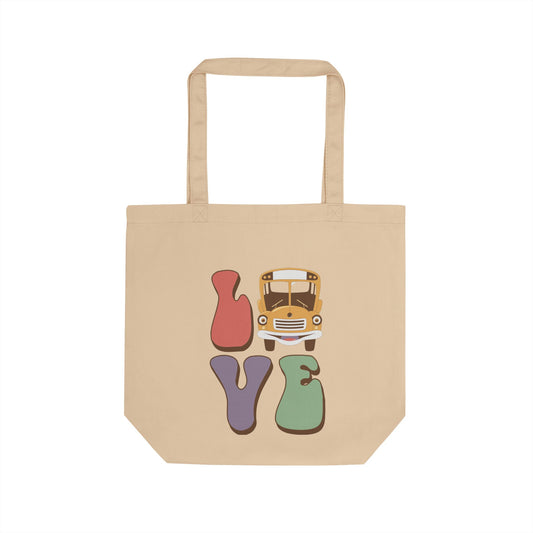 LOVE School Bus Eco Tote — Retro Hippie Colorful Lettering Cotton Tote Bus Driver Gift