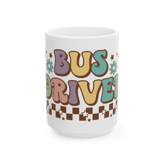 Bus Driver Mug — Retro 70s Floral Checkerboard Coffee Cup (11oz & 15oz) Bus Driver Gift