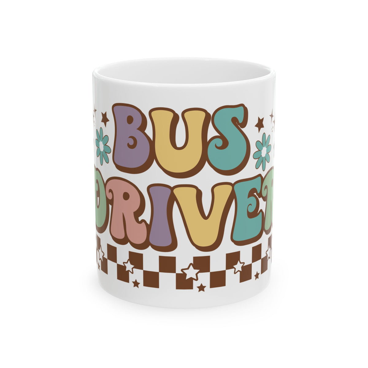 Bus Driver Mug — Retro 70s Floral Checkerboard Coffee Cup (11oz & 15oz) Bus Driver Gift