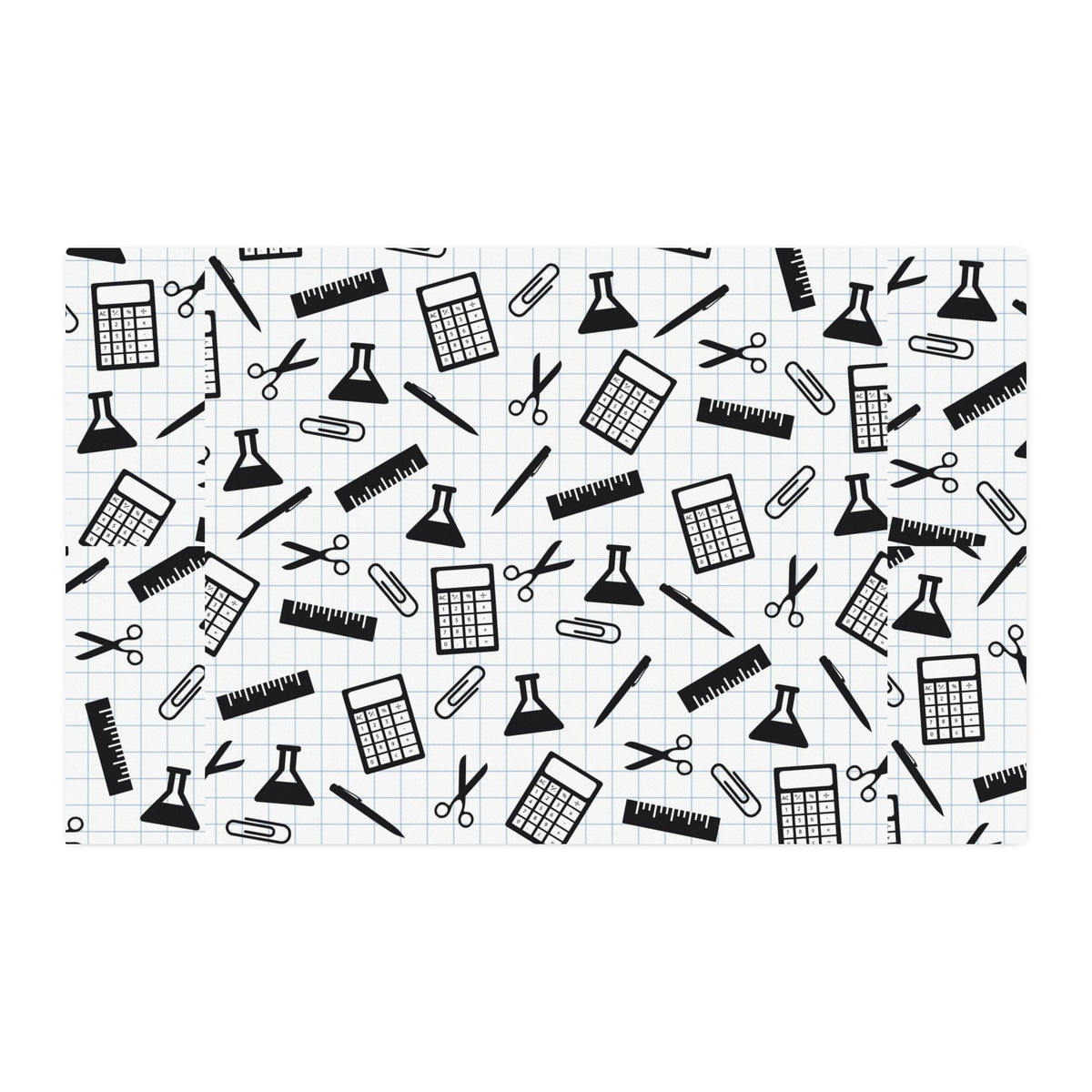Cotton Twill Fabric by the Yard — Black & White School Supply Print (Calculators, Scissors, Pencils)