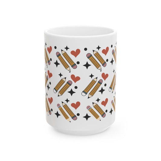 Teacher Pencil Hearts Ceramic Mug — Cute School Teacher Coffee Cup (11oz & 15oz) Teacher Gift