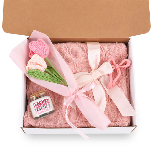 Teacher Appreciation Blush & Bloom Gift Set — Candle, Cozy Blanket, Crochet Bouquet, Bow Clip Teacher Gift