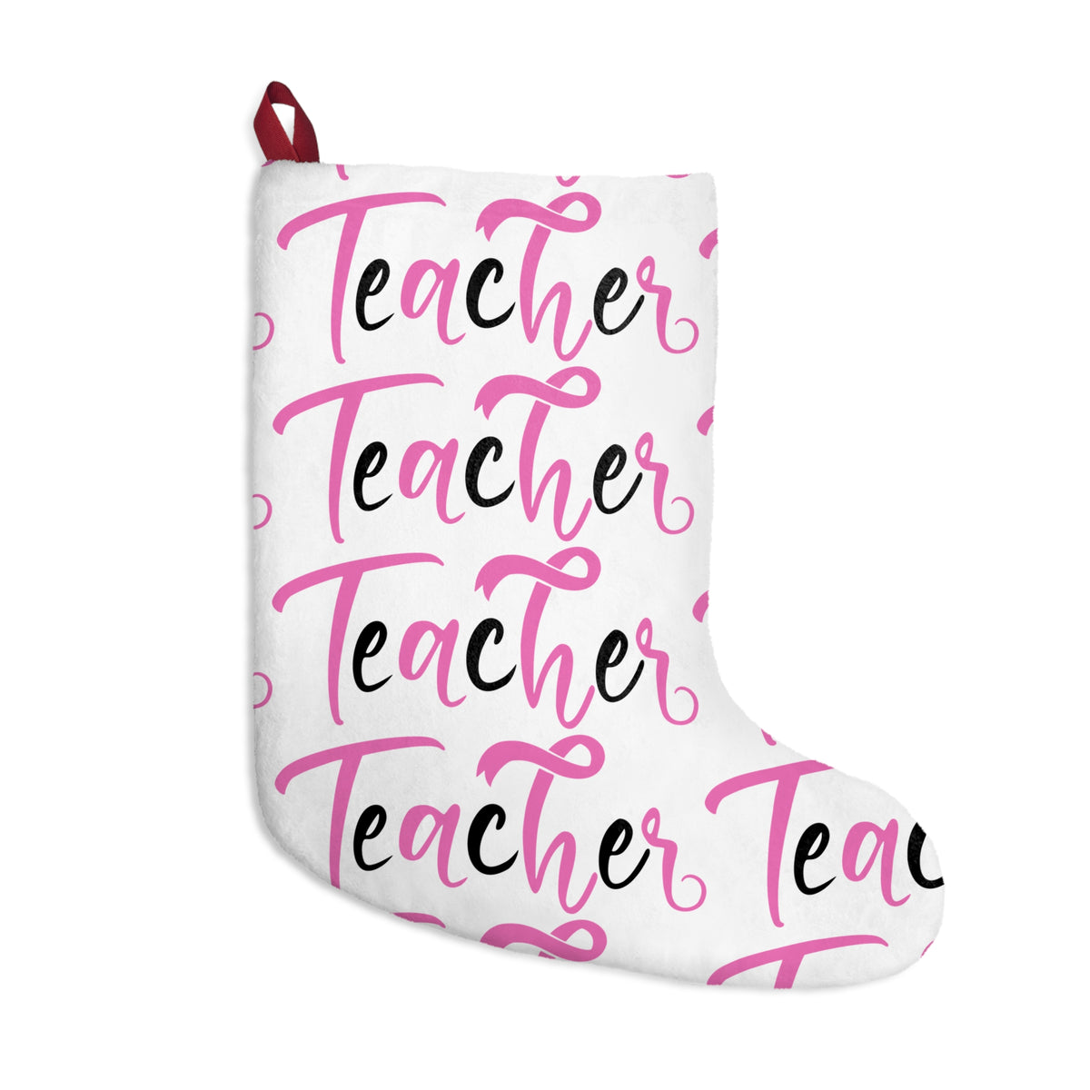 Teacher Christmas Stocking - Pink Script Repeat Holiday Stocking for Teachers