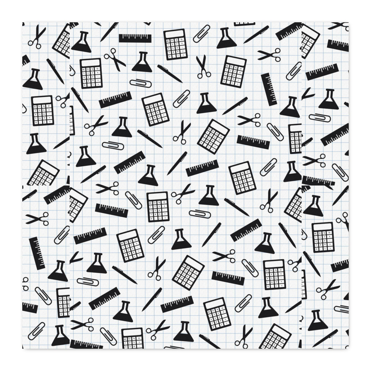 Cotton Twill Fabric by the Yard — Black & White School Supply Print (Calculators, Scissors, Pencils)