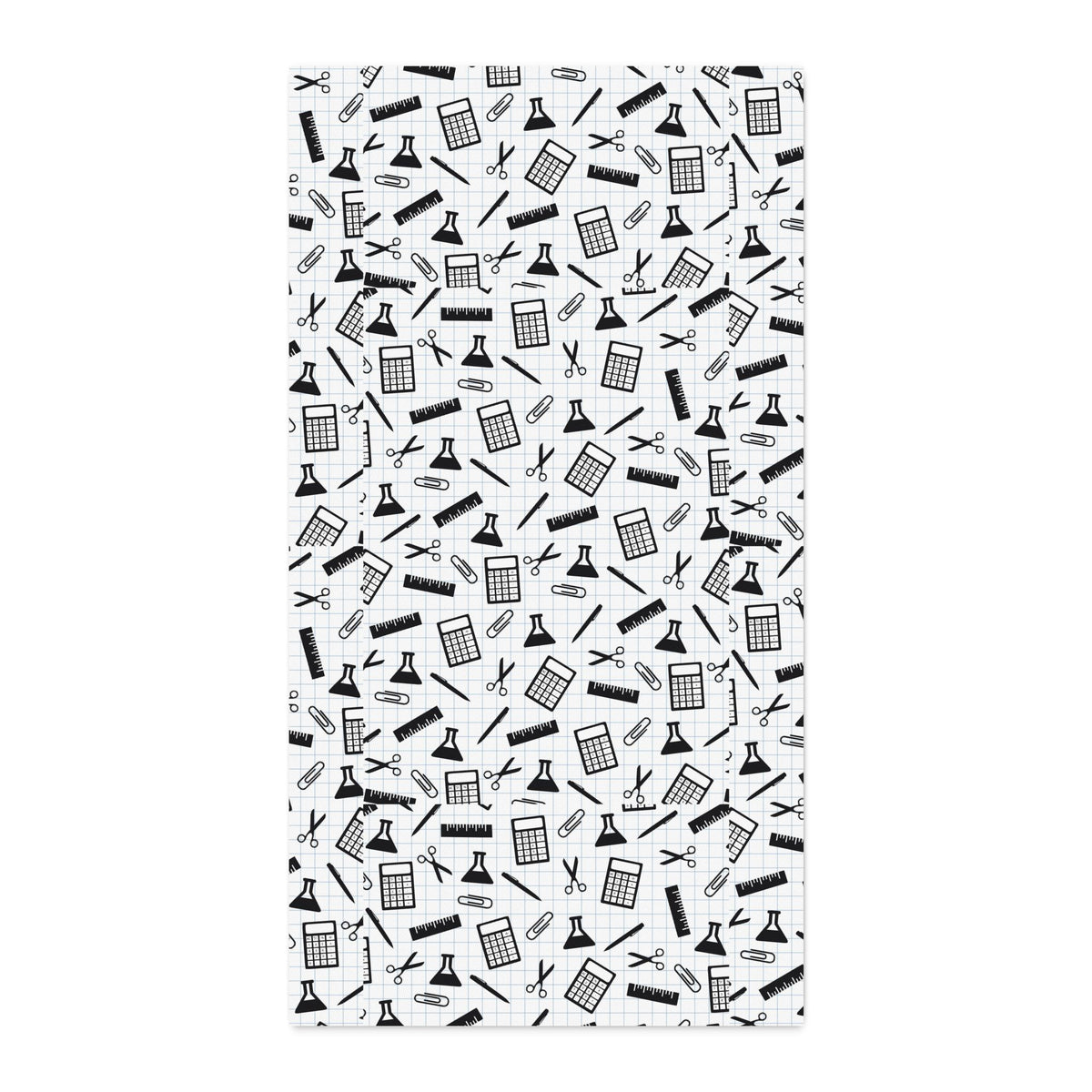 Cotton Twill Fabric by the Yard — Black & White School Supply Print (Calculators, Scissors, Pencils)