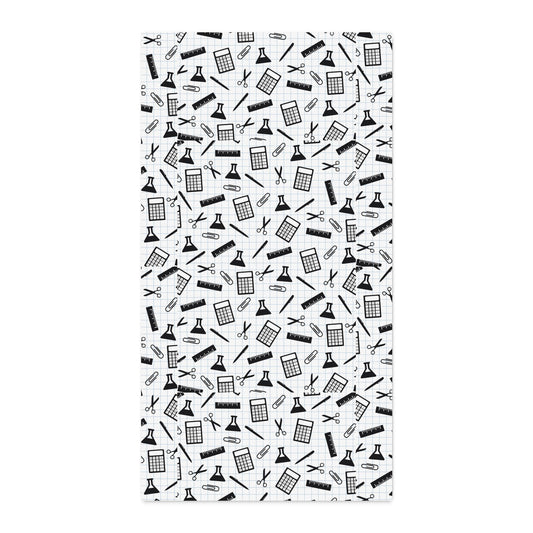 Cotton Twill Fabric by the Yard — Black & White School Supply Print (Calculators, Scissors, Pencils)