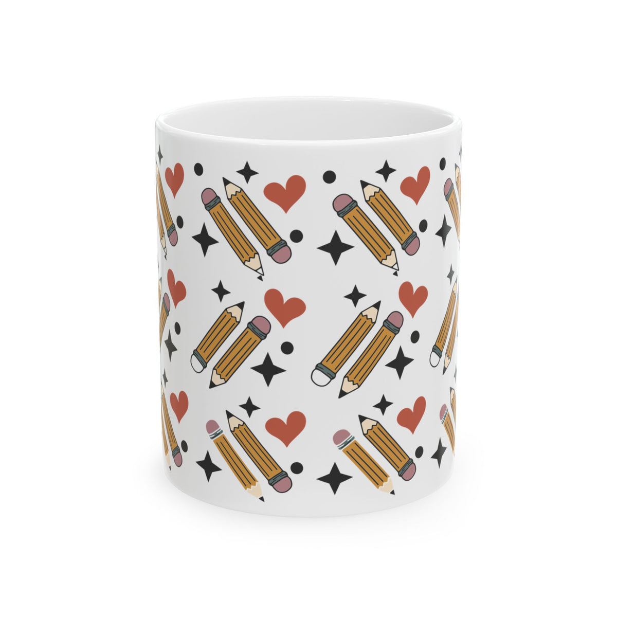 Pencil Pattern Ceramic Mug — Cute Heart & Star Stationery Coffee Cup (11oz/15oz) Teacher Gift
