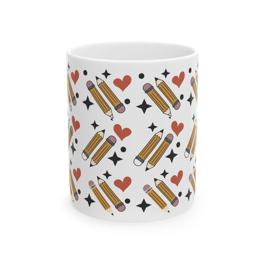 Pencil Pattern Ceramic Mug — Cute Heart & Star Stationery Coffee Cup (11oz/15oz) Teacher Gift