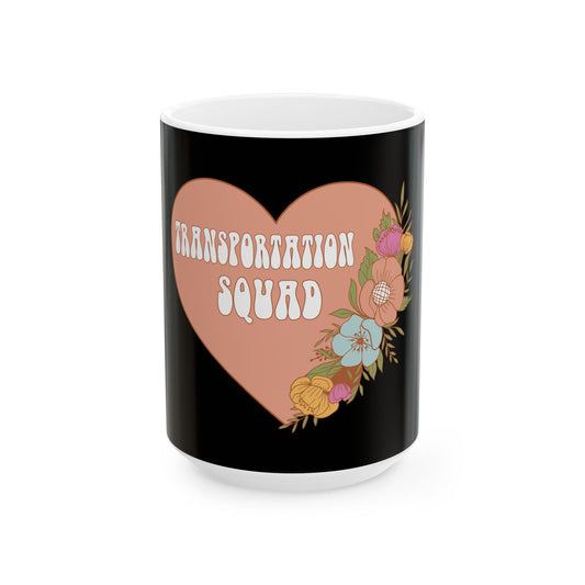 Transportation Squad Ceramic Mug — Retro Floral Heart Design (11oz/15oz) Bus Driver Gift