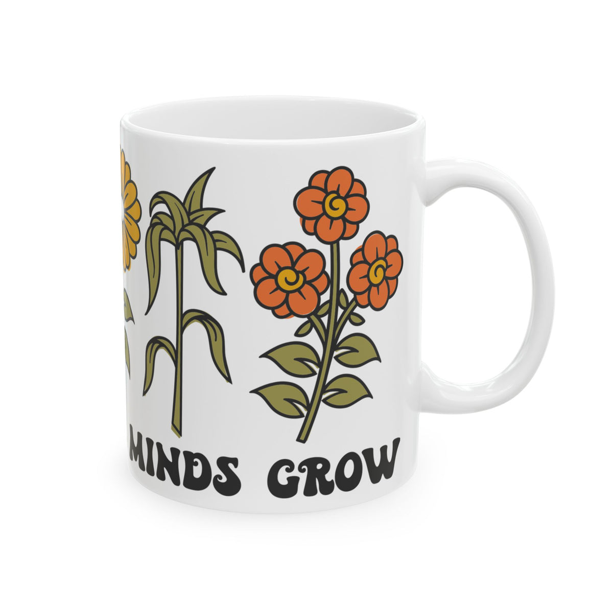 Ceramic Mug — Retro Flower Garden "Helping Little Mind Grow" Coffee Cup (11oz/15oz) Teacher Gift