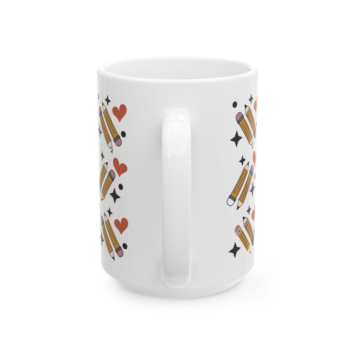 Pencil Pattern Ceramic Mug — Cute Heart & Star Stationery Coffee Cup (11oz/15oz) Teacher Gift
